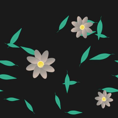 Basit renkli çiçekleri ve tek renkli arka planda yeşil yaprakları olan güzel kompozisyon, vektör illüstrasyonu