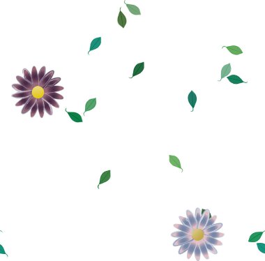 Basit renkli çiçekleri ve tek renkli arka planda yeşil yaprakları olan güzel kompozisyon, vektör illüstrasyonu