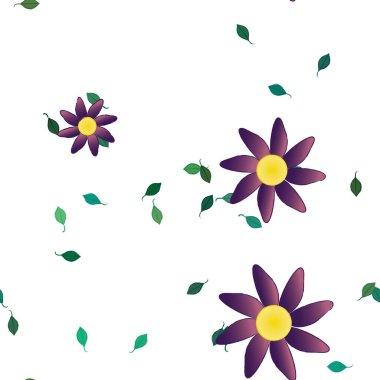 Basit renkli çiçekleri ve tek renkli arka planda yeşil yaprakları olan güzel kompozisyon, vektör illüstrasyonu