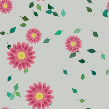 Tek renkli arka planda basit renkli çiçekler ve yeşil yapraklarla güzel kompozisyon, vektör illüstrasyonu