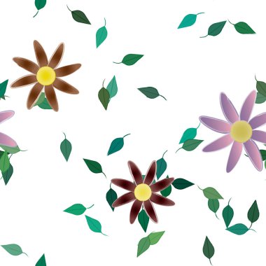 Basit renkli çiçekleri ve tek renkli arka planda yeşil yaprakları olan güzel kompozisyon, vektör illüstrasyonu