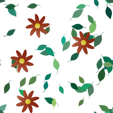 Tek renkli arka planda basit renkli çiçekler ve yeşil yapraklarla güzel kompozisyon, vektör illüstrasyonu