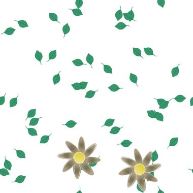 Basit renkli çiçekleri ve tek renkli arka planda yeşil yaprakları olan güzel kompozisyon, vektör illüstrasyonu