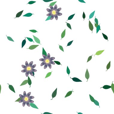 Tek renkli arka planda basit renkli çiçekler ve yeşil yapraklarla güzel kompozisyon, vektör illüstrasyonu