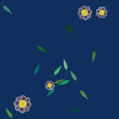 Tek renkli arka planda basit renkli çiçekler ve yeşil yapraklarla güzel kompozisyon, vektör illüstrasyonu