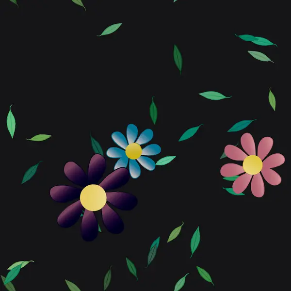 Mooie Compositie Met Eenvoudige Gekleurde Bloemen Groene Bladeren Monochrome Achtergrond — Stockvector