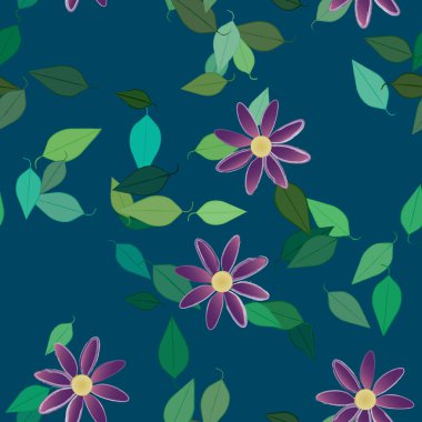 Basit renkli çiçekleri ve tek renkli arka planda yeşil yaprakları olan güzel kompozisyon, vektör illüstrasyonu