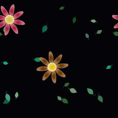 Tek renkli arka planda basit renkli çiçekler ve yeşil yapraklarla güzel kompozisyon, vektör illüstrasyonu