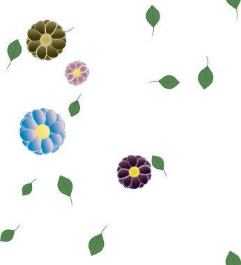 Basit renkli çiçekleri ve tek renkli arka planda yeşil yaprakları olan güzel kompozisyon, vektör illüstrasyonu