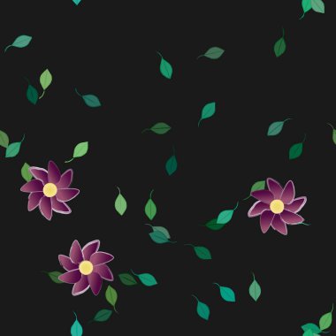 Basit renkli çiçekleri ve tek renkli arka planda yeşil yaprakları olan güzel kompozisyon, vektör illüstrasyonu