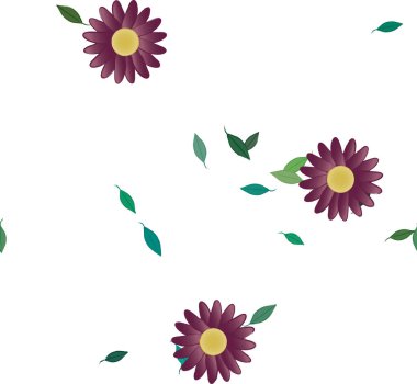 Tek renkli arka planda basit renkli çiçekler ve yeşil yapraklarla güzel kompozisyon, vektör illüstrasyonu