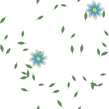 Tek renkli arka planda basit renkli çiçekler ve yeşil yapraklarla güzel kompozisyon, vektör illüstrasyonu