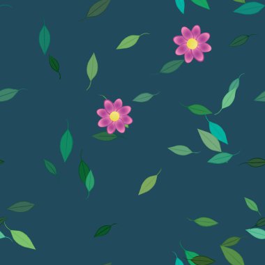Tek renkli arka planda basit renkli çiçekler ve yeşil yapraklarla güzel kompozisyon, vektör illüstrasyonu