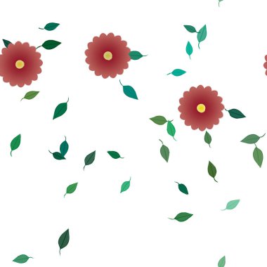 Tek renkli arka planda basit renkli çiçekler ve yeşil yapraklarla güzel kompozisyon, vektör illüstrasyonu