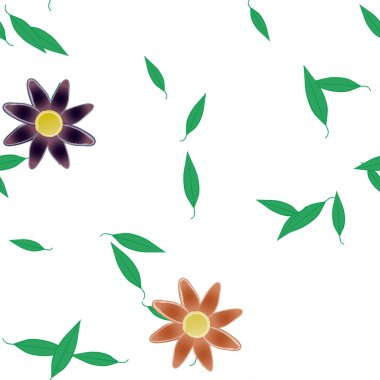 Basit renkli çiçekleri ve tek renkli arka planda yeşil yaprakları olan güzel kompozisyon, vektör illüstrasyonu