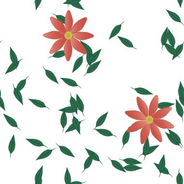 Tek renkli arka planda basit renkli çiçekler ve yeşil yapraklarla güzel kompozisyon, vektör illüstrasyonu