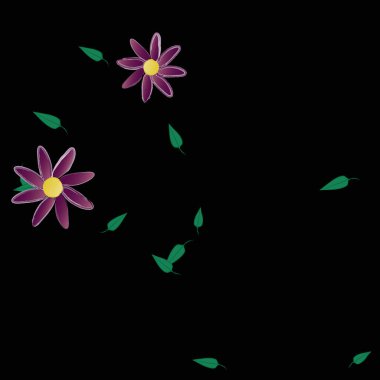 Tek renkli arka planda basit renkli çiçekler ve yeşil yapraklarla güzel kompozisyon, vektör illüstrasyonu