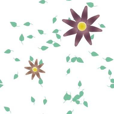 Tek renkli arka planda basit renkli çiçekler ve yeşil yapraklarla güzel kompozisyon, vektör illüstrasyonu