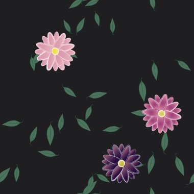 Tek renkli arka planda basit renkli çiçekler ve yeşil yapraklarla güzel kompozisyon, vektör illüstrasyonu