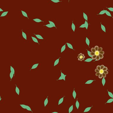 Tek renkli arka planda basit renkli çiçekler ve yeşil yapraklarla güzel kompozisyon, vektör illüstrasyonu