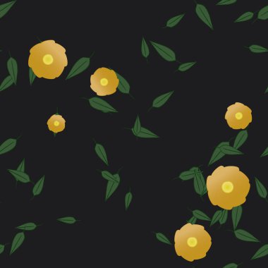 Tek renkli arka planda basit renkli çiçekler ve yeşil yapraklarla güzel kompozisyon, vektör illüstrasyonu