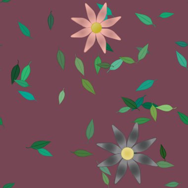 Tek renkli arka planda basit renkli çiçekler ve yeşil yapraklarla güzel kompozisyon, vektör illüstrasyonu