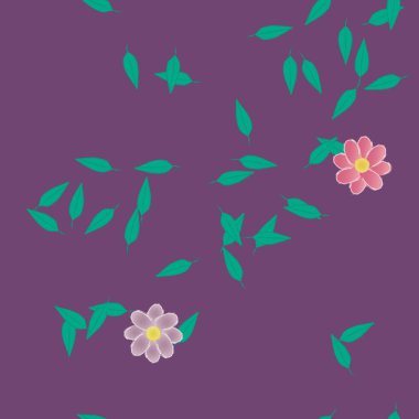 Tek renkli arka planda basit renkli çiçekler ve yeşil yapraklarla güzel kompozisyon, vektör illüstrasyonu
