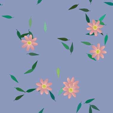 Tek renkli arka planda basit renkli çiçekler ve yeşil yapraklarla güzel kompozisyon, vektör illüstrasyonu