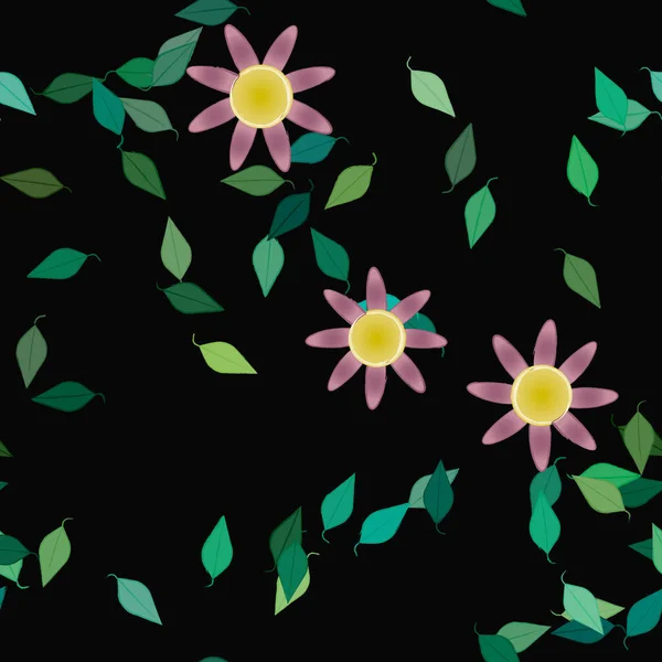 Tek Renkli Arka Planda Basit Renkli Çiçekler Yeşil Yapraklarla Güzel — Stok Vektör