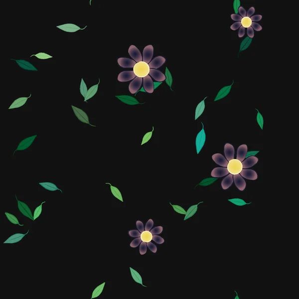 Mooie Compositie Met Eenvoudige Gekleurde Bloemen Groene Bladeren Monochrome Achtergrond — Stockvector