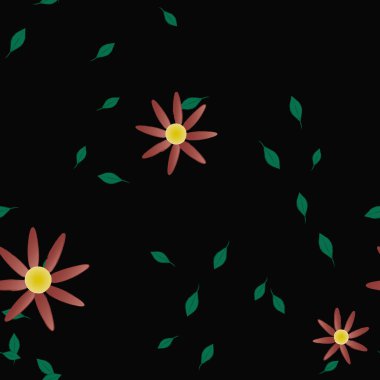 Tek renkli arka planda basit renkli çiçekler ve yeşil yapraklarla güzel kompozisyon, vektör illüstrasyonu