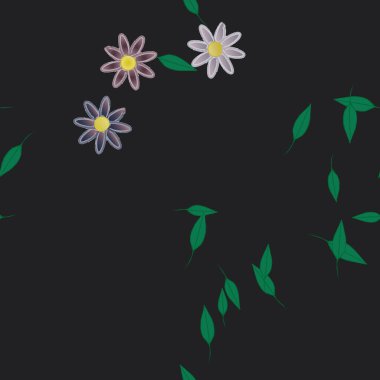 Tek renkli arka planda basit renkli çiçekler ve yeşil yapraklarla güzel kompozisyon, vektör illüstrasyonu