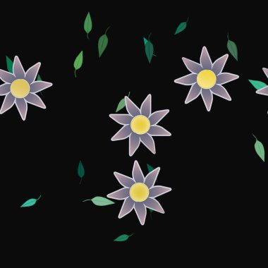 Tek renkli arka planda basit renkli çiçekler ve yeşil yapraklarla güzel kompozisyon, vektör illüstrasyonu