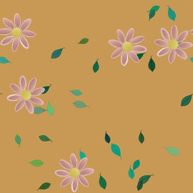 Basit renkli çiçekleri ve tek renkli arka planda yeşil yaprakları olan güzel kompozisyon, vektör illüstrasyonu