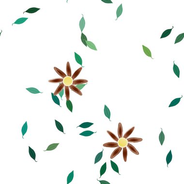 Tek renkli arka planda basit renkli çiçekler ve yeşil yapraklarla güzel kompozisyon, vektör illüstrasyonu