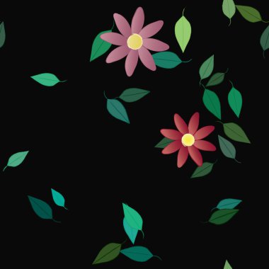 Tek renkli arka planda basit renkli çiçekler ve yeşil yapraklarla güzel kompozisyon, vektör illüstrasyonu