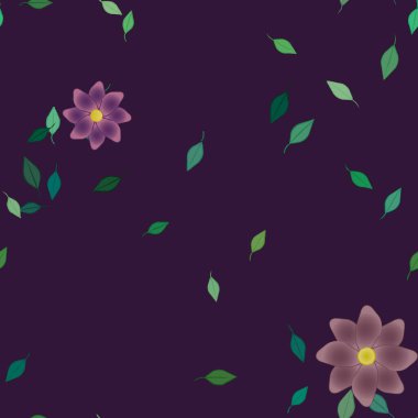 Basit renkli çiçekleri ve tek renkli arka planda yeşil yaprakları olan güzel kompozisyon, vektör illüstrasyonu