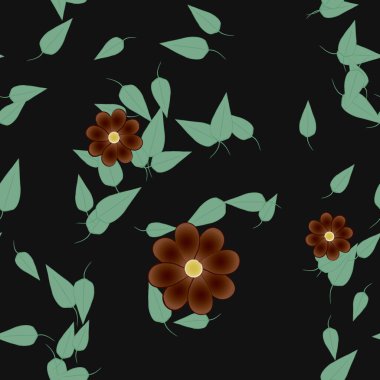 Basit renkli çiçekleri ve tek renkli arka planda yeşil yaprakları olan güzel kompozisyon, vektör illüstrasyonu