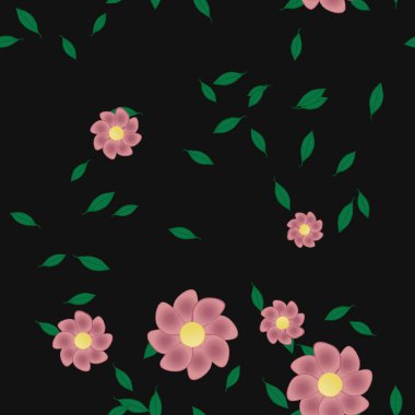 Basit renkli çiçekleri ve tek renkli arka planda yeşil yaprakları olan güzel kompozisyon, vektör illüstrasyonu