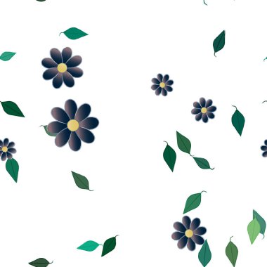 Basit renkli çiçekleri ve tek renkli arka planda yeşil yaprakları olan güzel kompozisyon, vektör illüstrasyonu