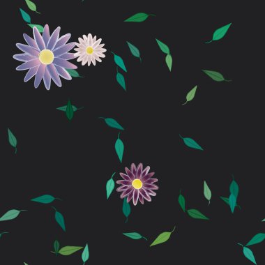 Basit renkli çiçekleri ve tek renkli arka planda yeşil yaprakları olan güzel kompozisyon, vektör illüstrasyonu