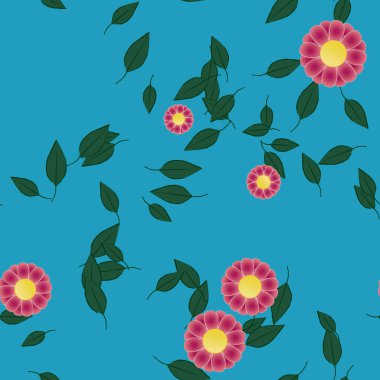 Basit renkli çiçekleri ve tek renkli arka planda yeşil yaprakları olan güzel kompozisyon, vektör illüstrasyonu