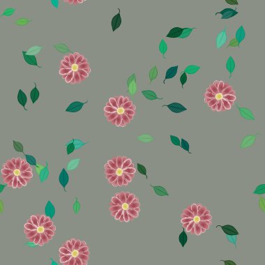 Basit renkli çiçekleri ve tek renkli arka planda yeşil yaprakları olan güzel kompozisyon, vektör illüstrasyonu