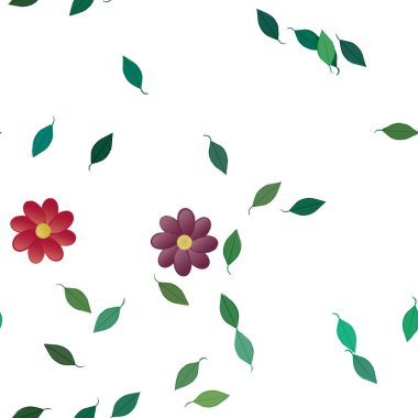 Basit renkli çiçekleri ve tek renkli arka planda yeşil yaprakları olan güzel kompozisyon, vektör illüstrasyonu