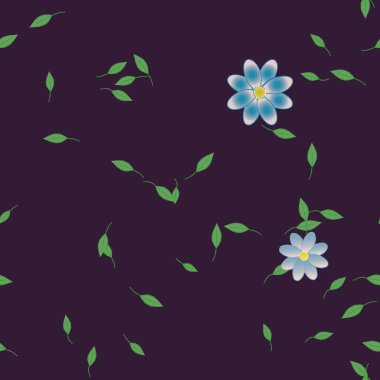 Basit renkli çiçekleri ve tek renkli arka planda yeşil yaprakları olan güzel kompozisyon, vektör illüstrasyonu