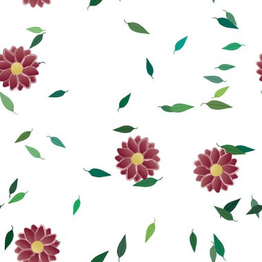 Basit renkli çiçekleri ve tek renkli arka planda yeşil yaprakları olan güzel kompozisyon, vektör illüstrasyonu