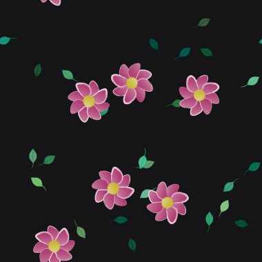 Basit renkli çiçekleri ve tek renkli arka planda yeşil yaprakları olan güzel kompozisyon, vektör illüstrasyonu