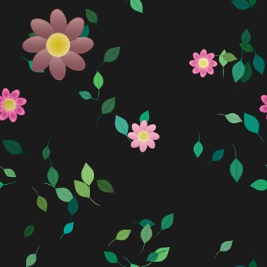 Basit renkli çiçekleri ve tek renkli arka planda yeşil yaprakları olan güzel kompozisyon, vektör illüstrasyonu