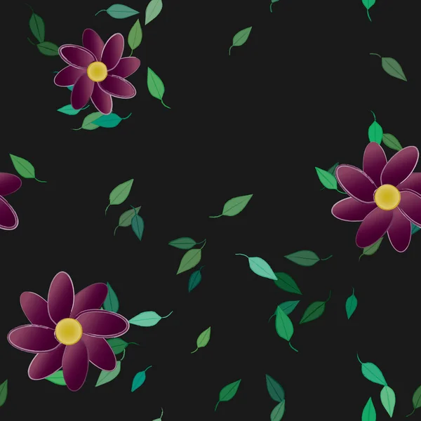 Basit Renkli Çiçekleri Tek Renkli Arka Planda Yeşil Yaprakları Olan — Stok Vektör