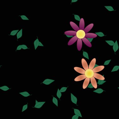 Basit renkli çiçekleri ve tek renkli arka planda yeşil yaprakları olan güzel kompozisyon, vektör illüstrasyonu